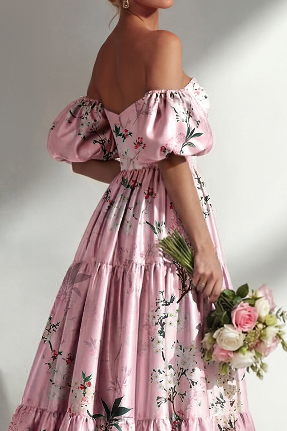 A-Line Pink Strapless Floral Long Bridesmaid Dress with Puff Sleeves